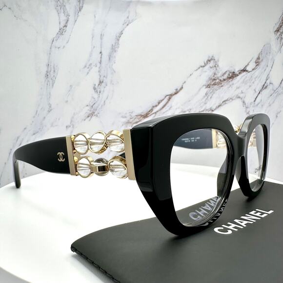 New CHANEL Eyeglasses Black Gold Cat Eye Clear Rotating Pearls 52mm - Picture 4 of 15